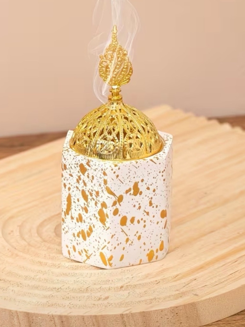 NEW Arabic Traditional Resin White Gold-Dot Hexagon Incense Holder